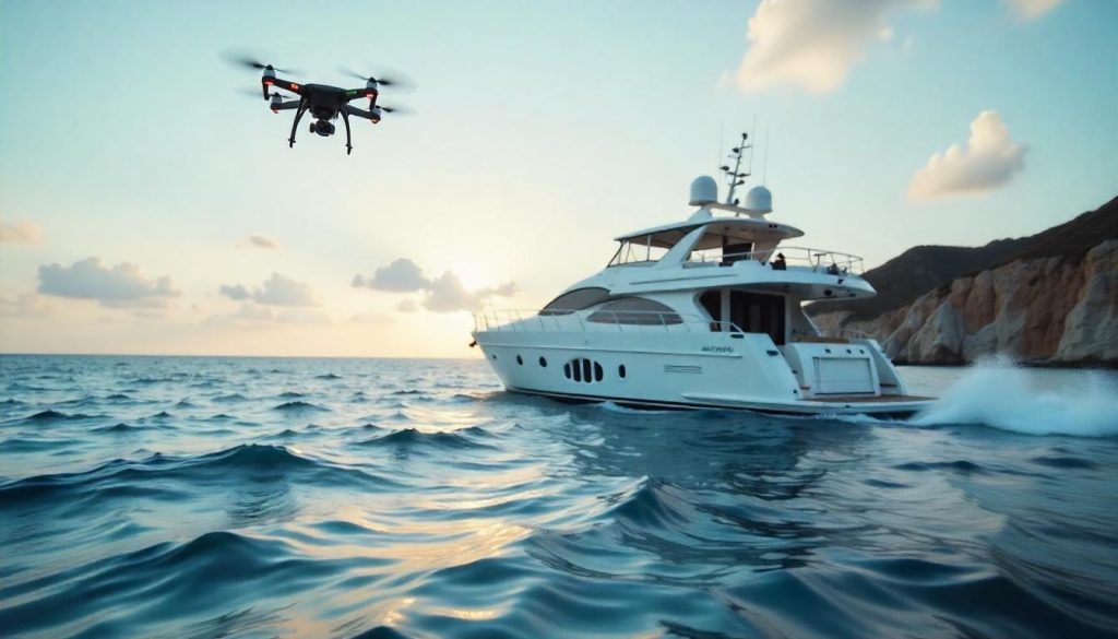 Crew using drone during yacht charter technology trends in Barcelona.